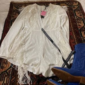 Sequined romper with fringe